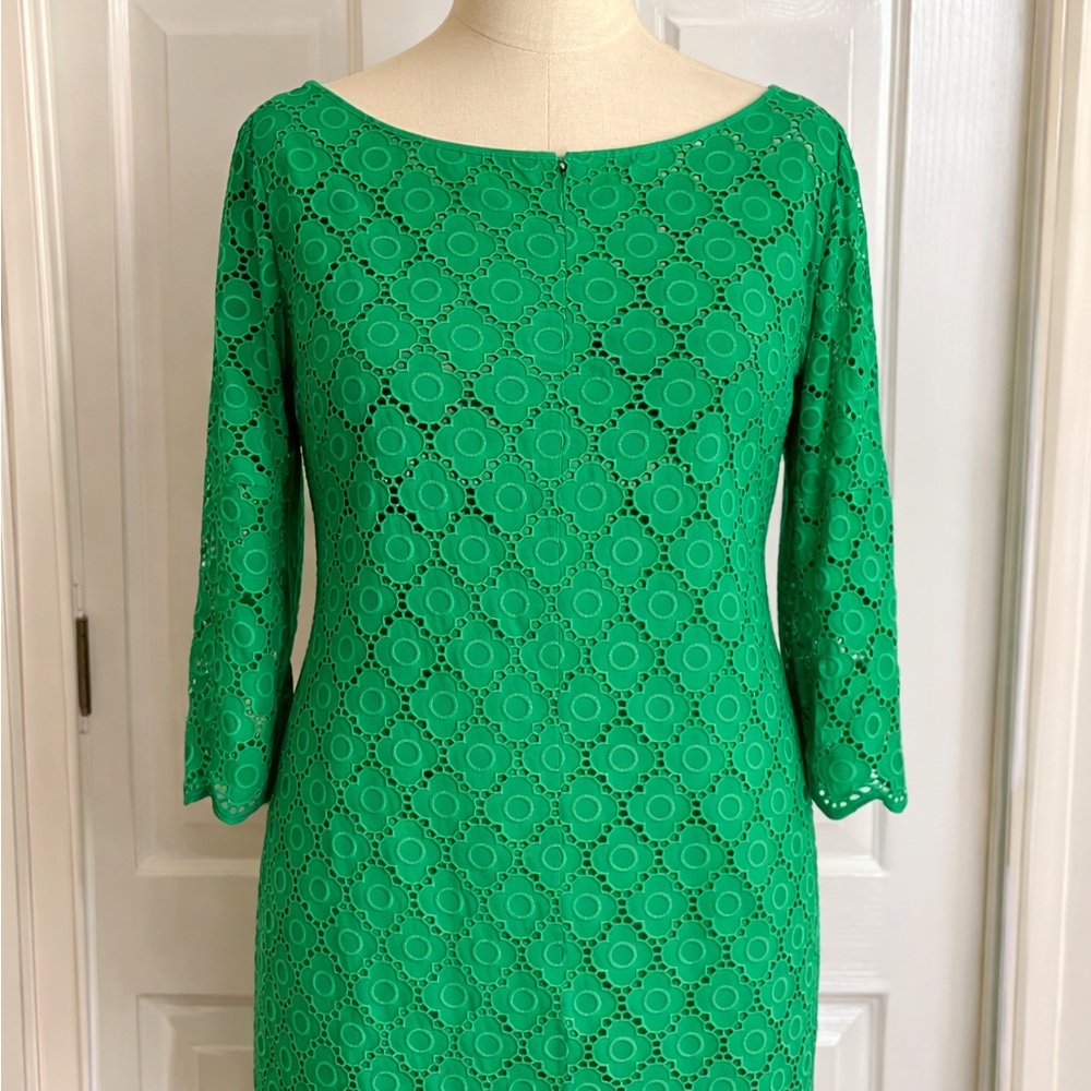 Talbots Green Floral Eyelet Shift Dress - 3/4 Sleeves Size 16